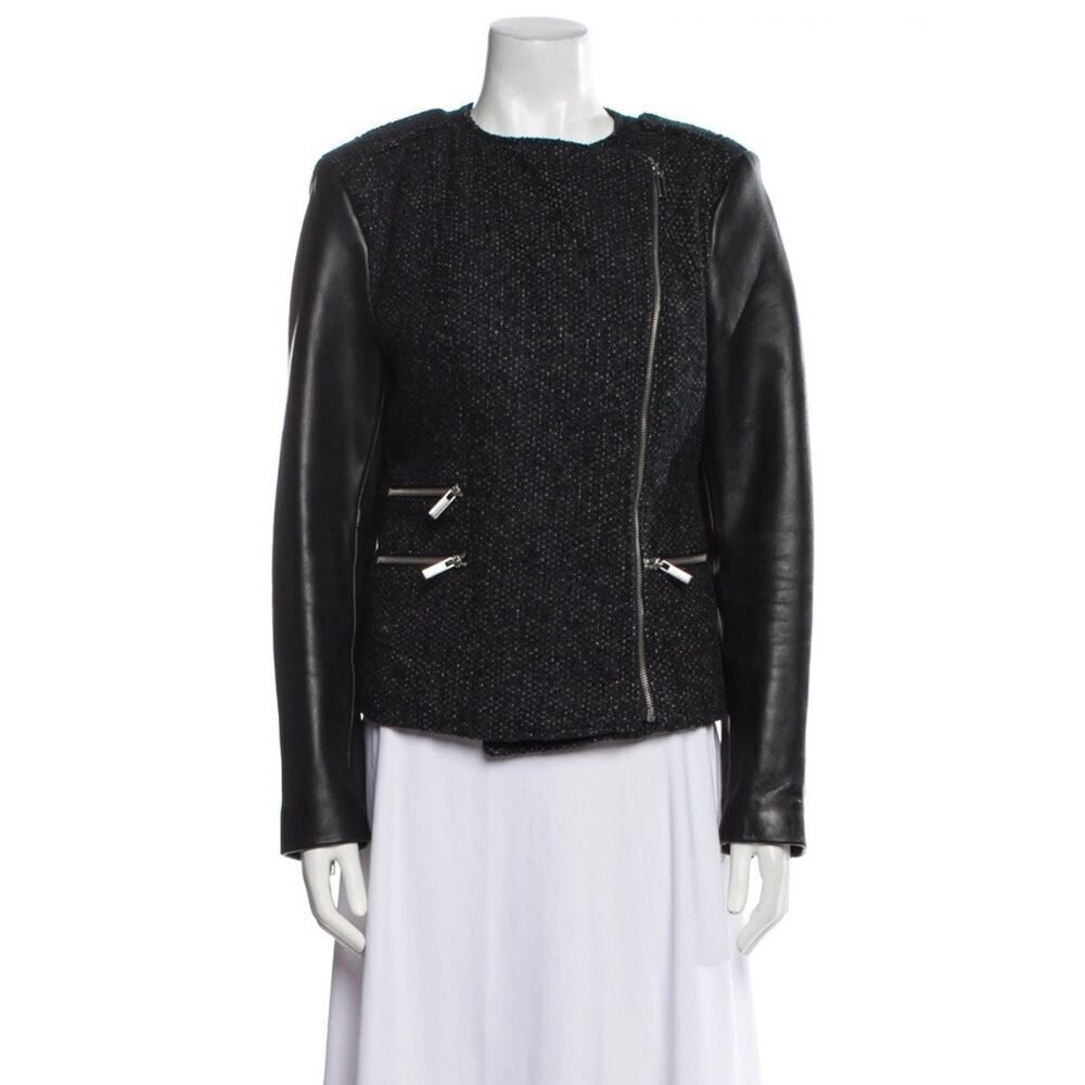 Maje Black Tweed Leather Sleeve Moto Zip Jacket FR 38 US 6 Chic Parisian Style